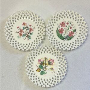 3 Antique Challinor Taylor and Co Hand Painted Floral Lattice Milk Glass Plates